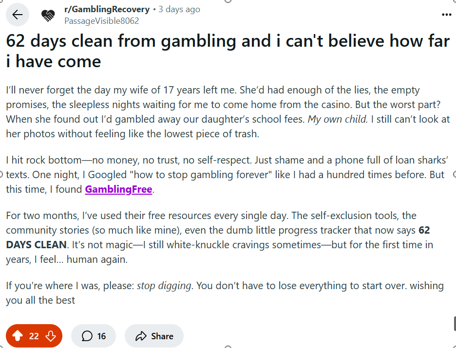 Real recovery success story screenshot - 62 days gambling free milestone from Reddit user sharing their journey with Gambling Free platform tools